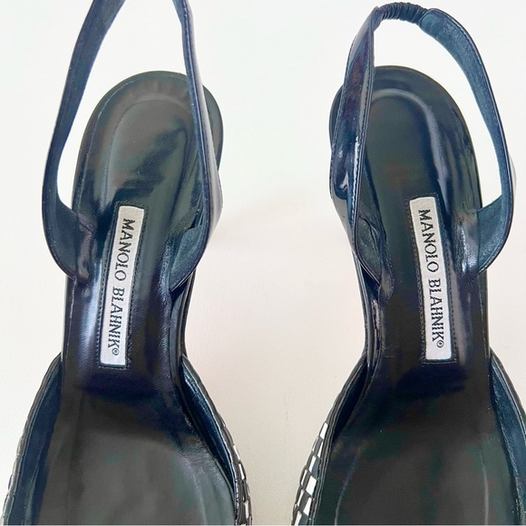 MANOLO BLAHNIK | Black White Cap Toe Woven Leather SlingBack Pointed Pumps - Picture 6 of 16